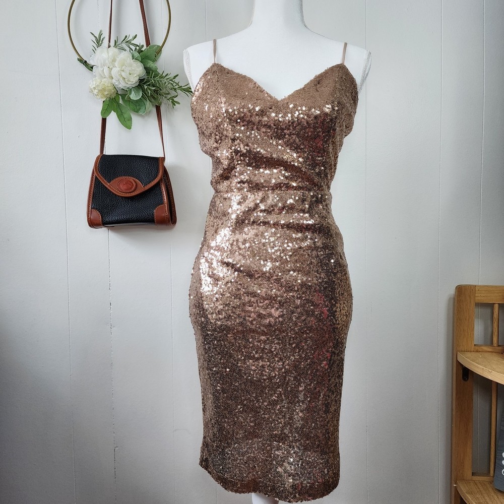 Lulus Rose Gold Sequin Bodycon Backless Mini Dress Medium - Picture 3 of 8